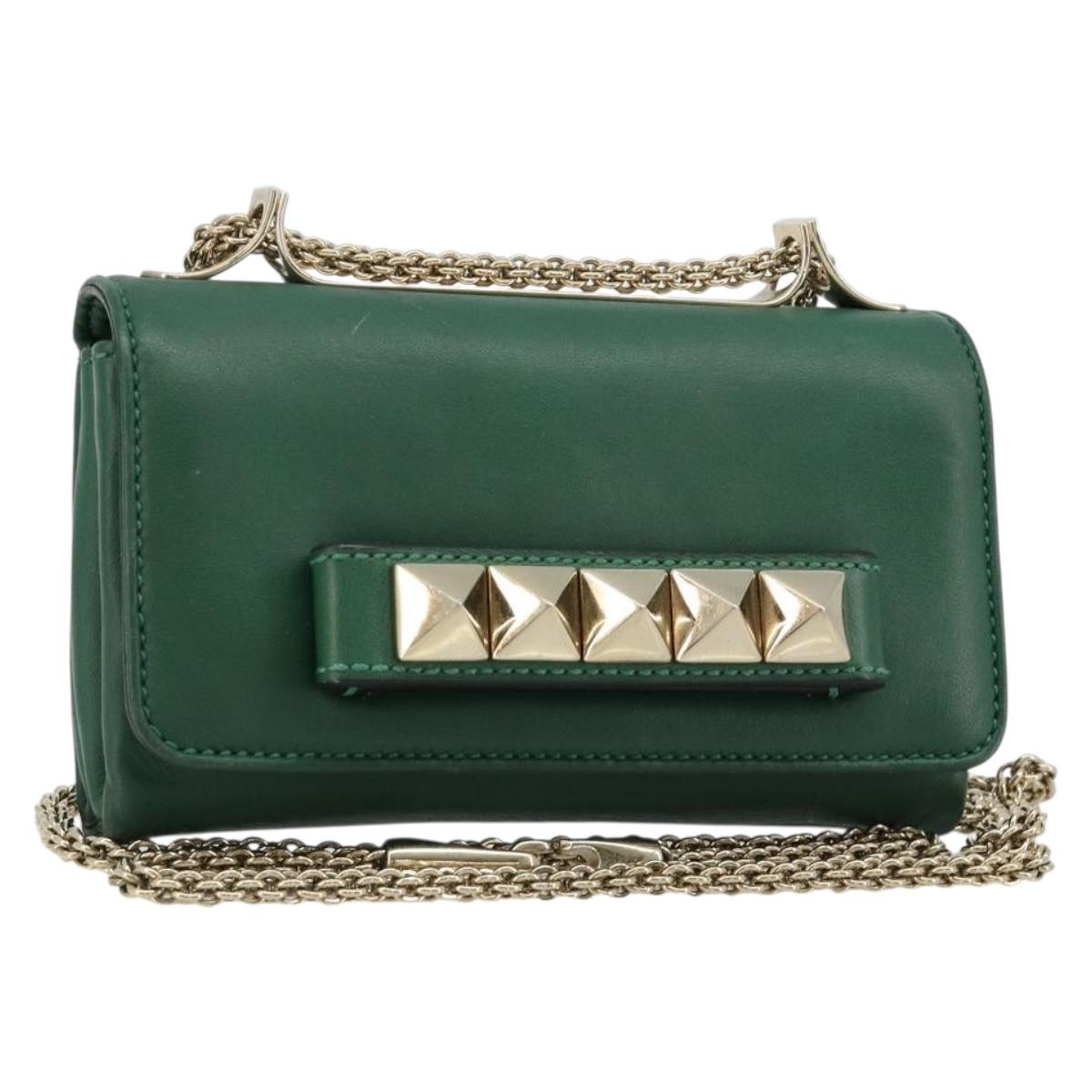 VALENTINO Rock Studs Chain Shoulder Bag Leather Green Gold Auth BA13370A