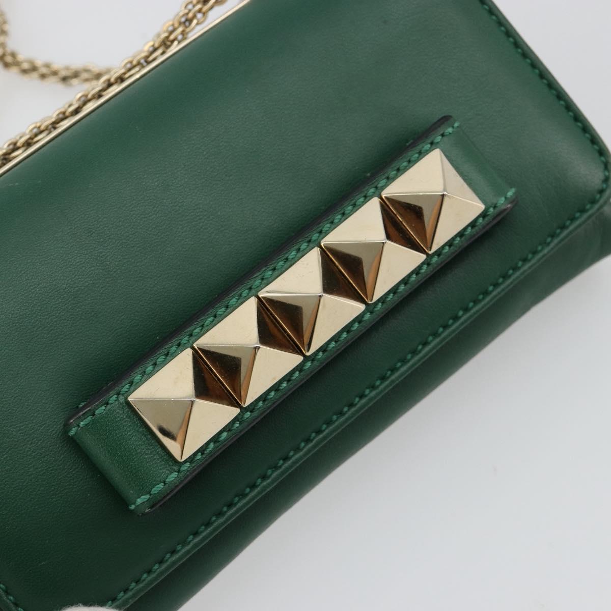 VALENTINO Rock Studs Chain Shoulder Bag Leather Green Gold Auth BA13370A