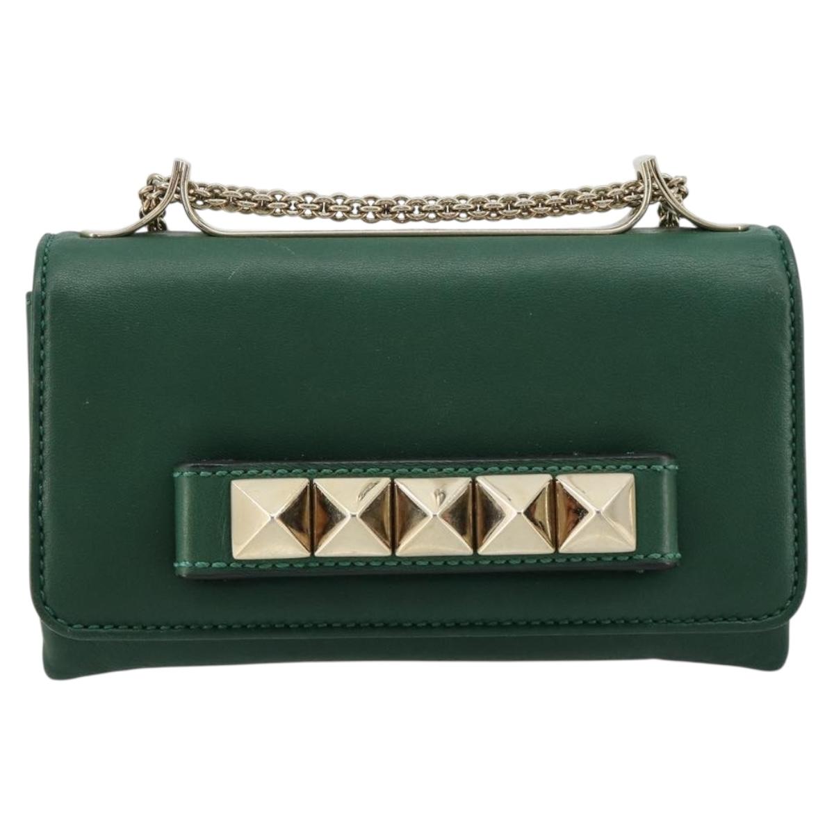 VALENTINO Rock Studs Chain Shoulder Bag Leather Green Gold Auth BA13370A