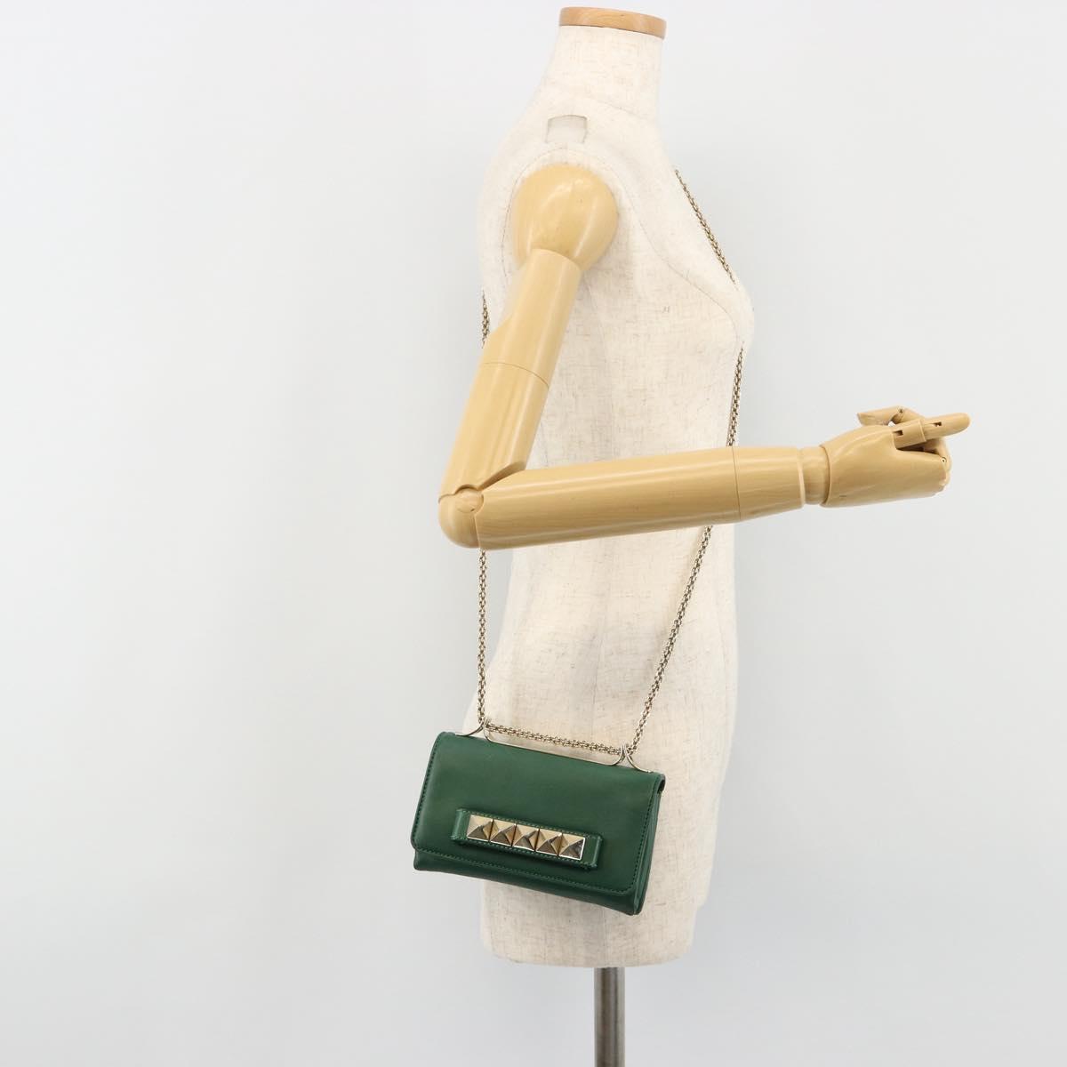 VALENTINO Rock Studs Chain Shoulder Bag Leather Green Gold Auth BA13370A
