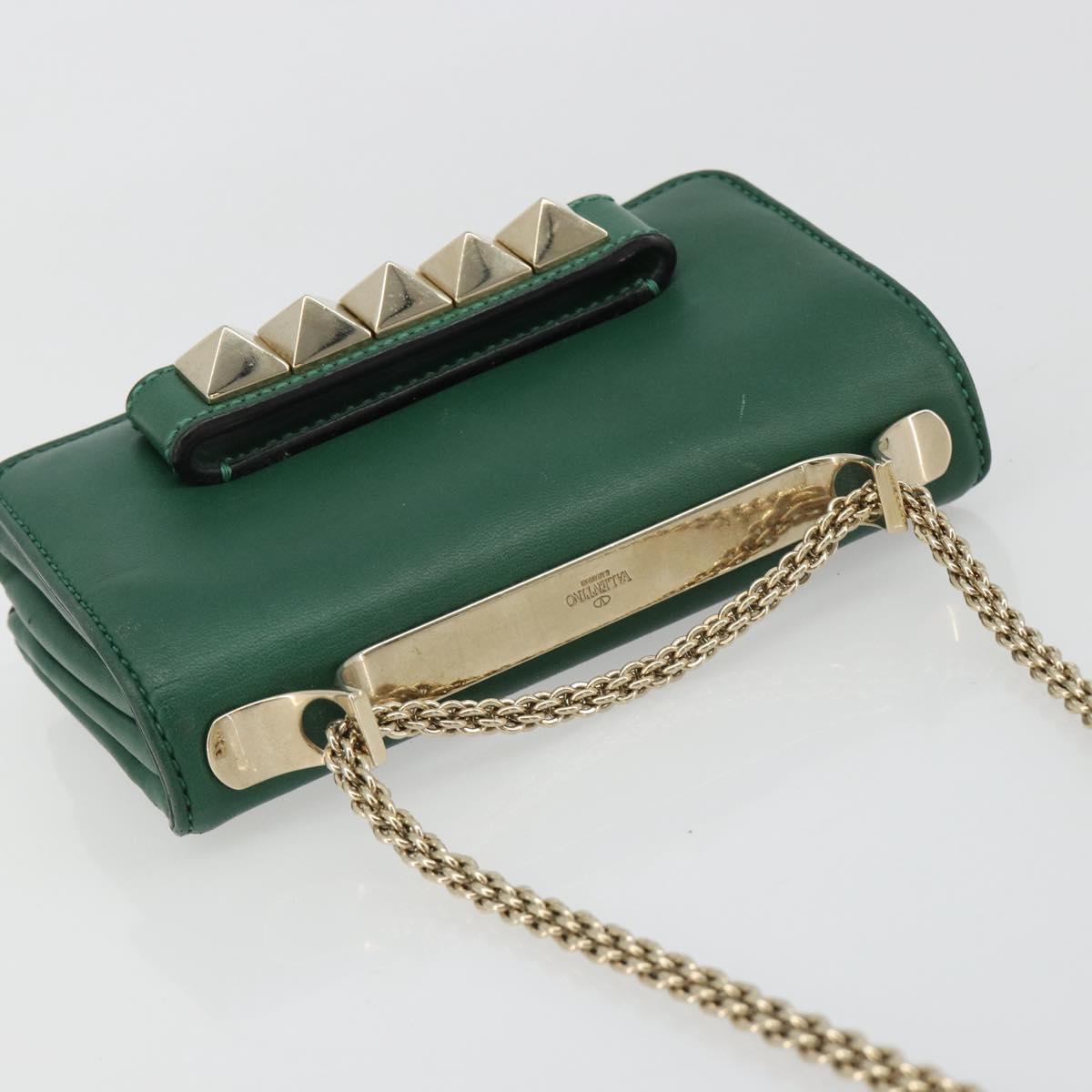 VALENTINO Rock Studs Chain Shoulder Bag Leather Green Gold Auth BA13370A