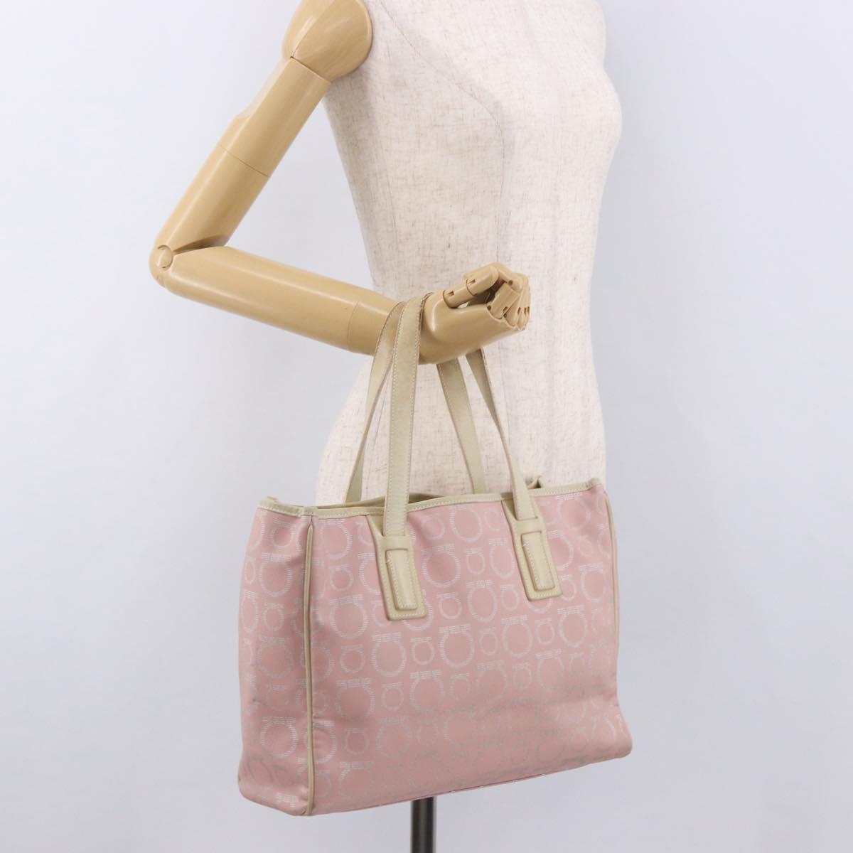 Salvatore Ferragamo Gancini Hand Bag Leather PVC Pink Silver Auth BA13376