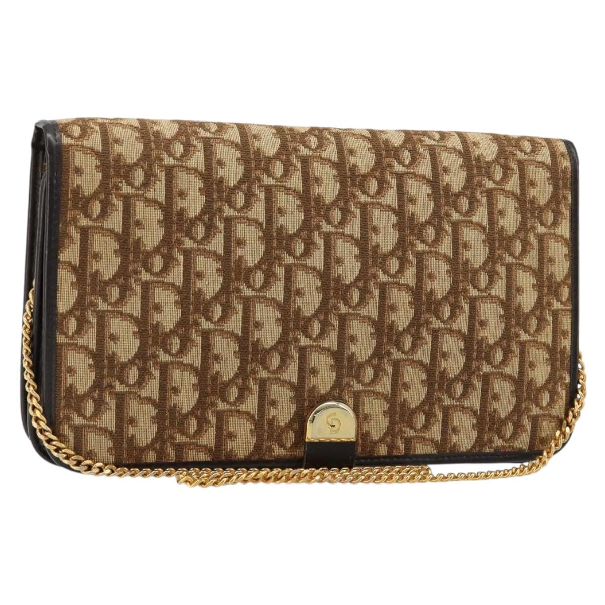 Christian Dior Trotter Canvas Chain Shoulder Bag Beige Gold Auth BA13378