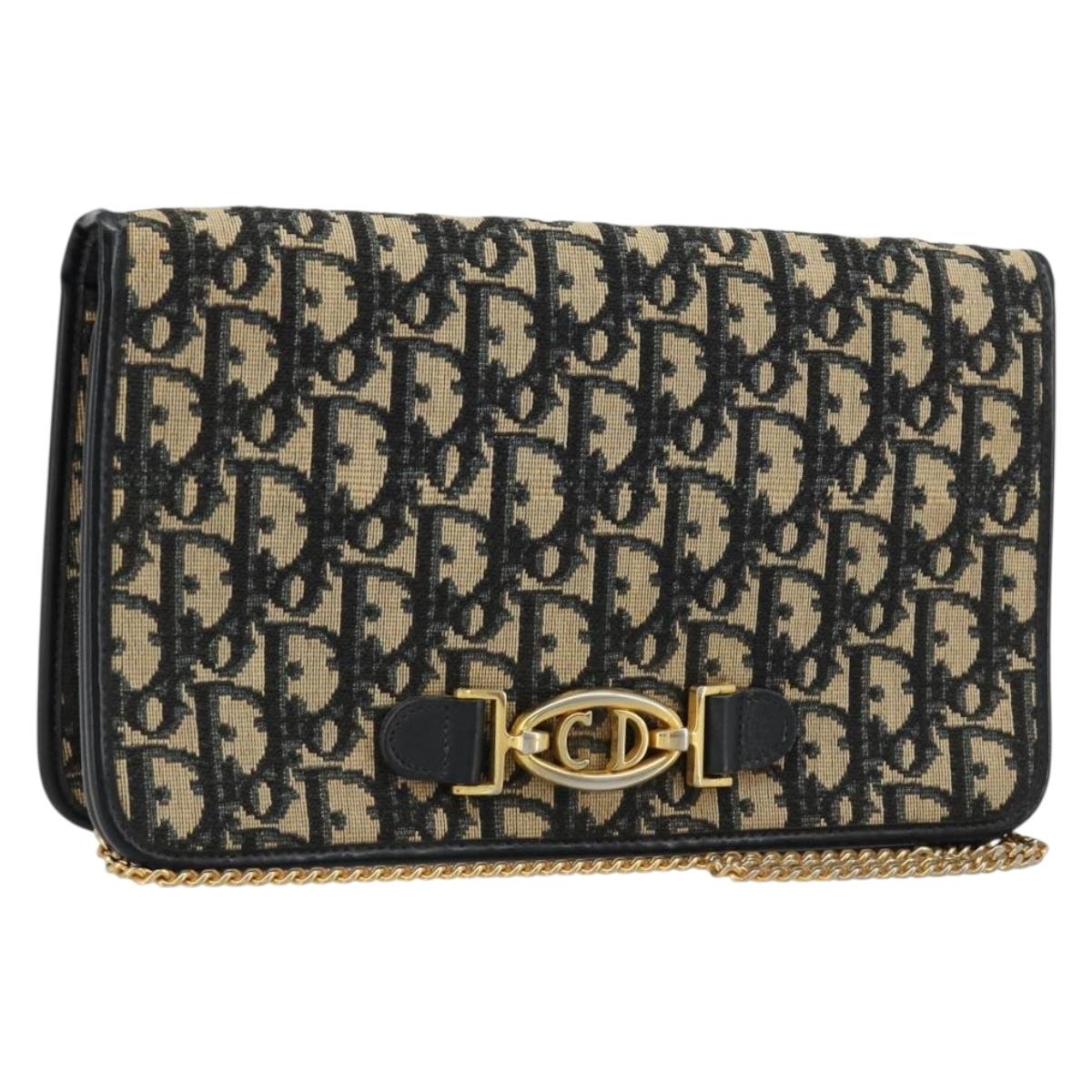 Christian Dior Trotter Canvas Chain Shoulder Bag Navy Gold Auth BA13379