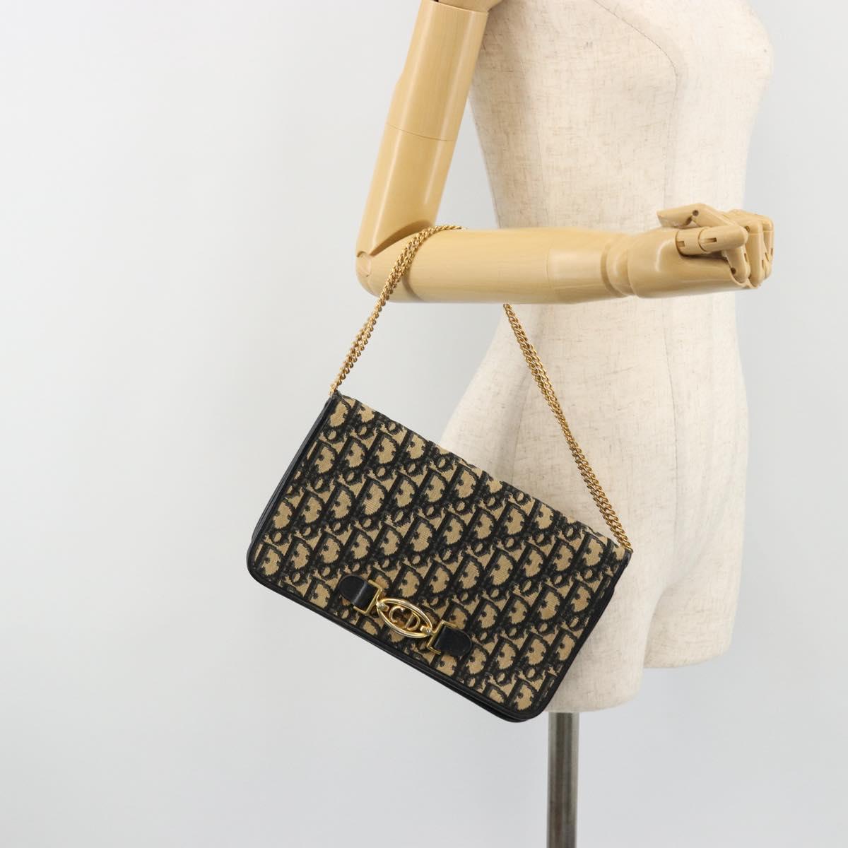 Christian Dior Trotter Canvas Chain Shoulder Bag Navy Gold Auth BA13379