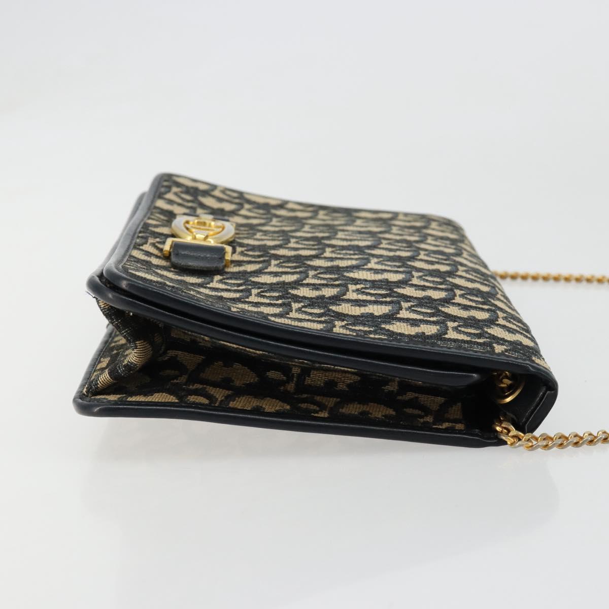 Christian Dior Trotter Canvas Chain Shoulder Bag Navy Gold Auth BA13379
