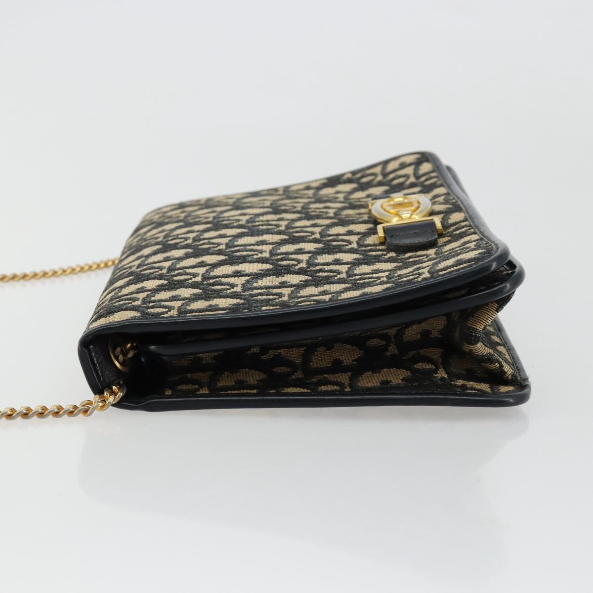 Christian Dior Trotter Canvas Chain Shoulder Bag Navy Gold Auth BA13379