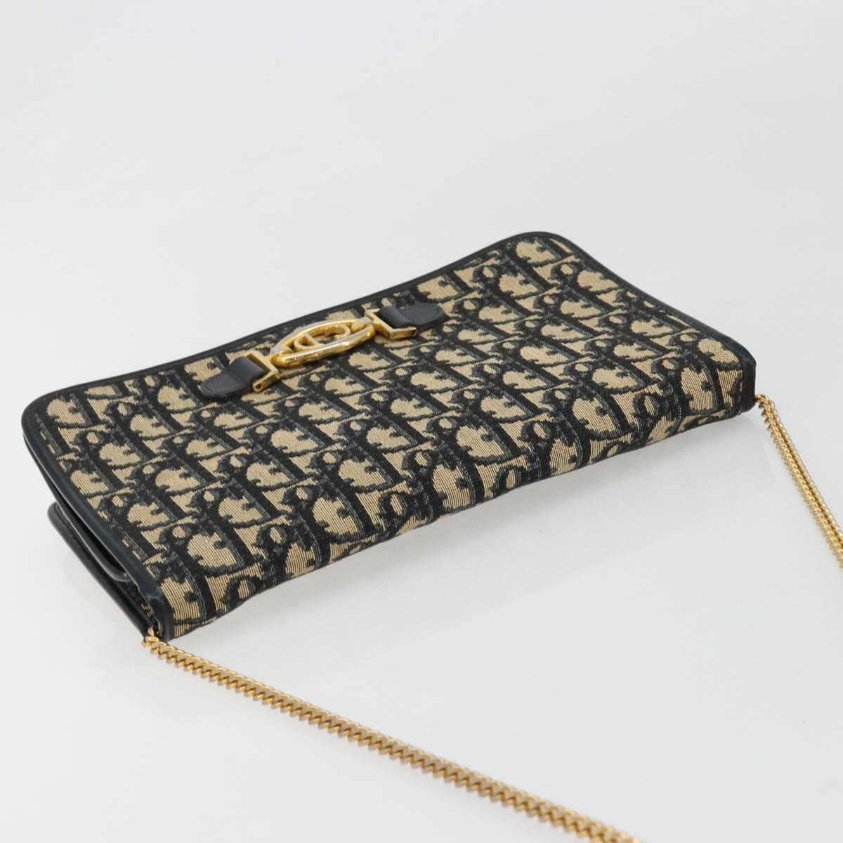 Christian Dior Trotter Canvas Chain Shoulder Bag Navy Gold Auth BA13379