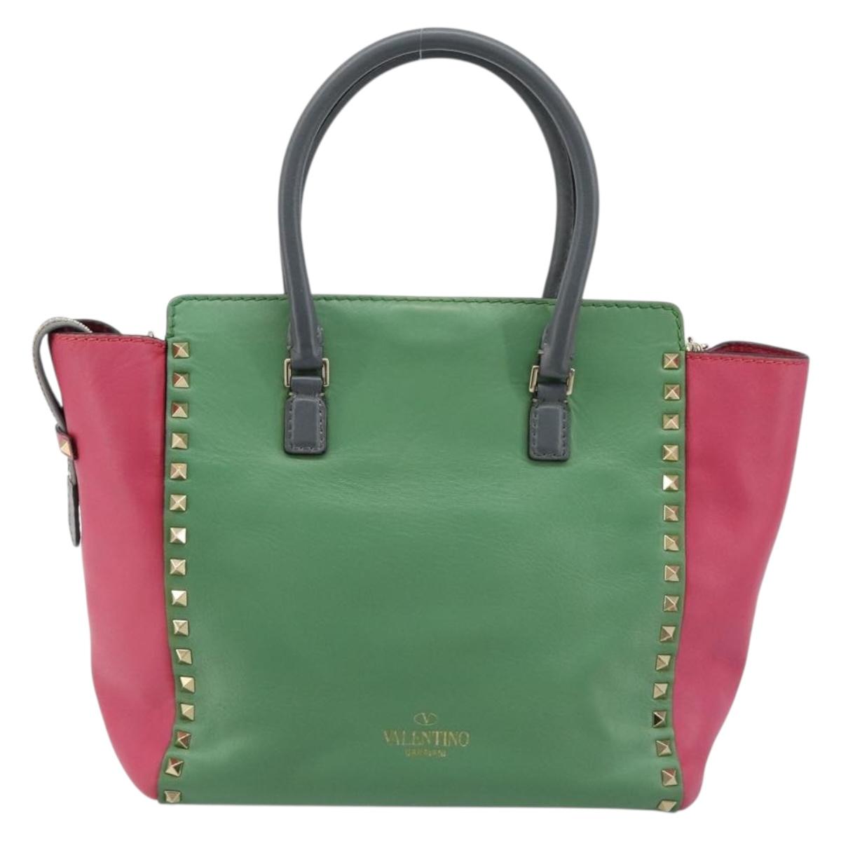 VALENTINO Studs Tote Bag Leather 2way Red Gold Auth BA13391A