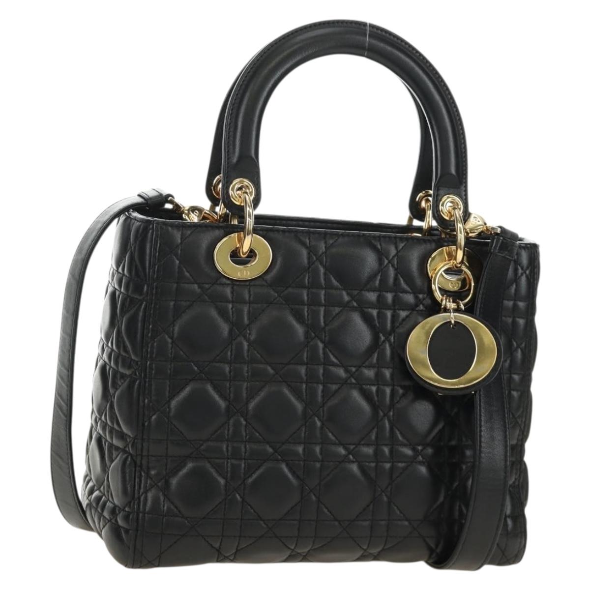 Christian Dior Lady Dior Hand Bag Lamb Skin 2way Black Gold Auth BA13408V