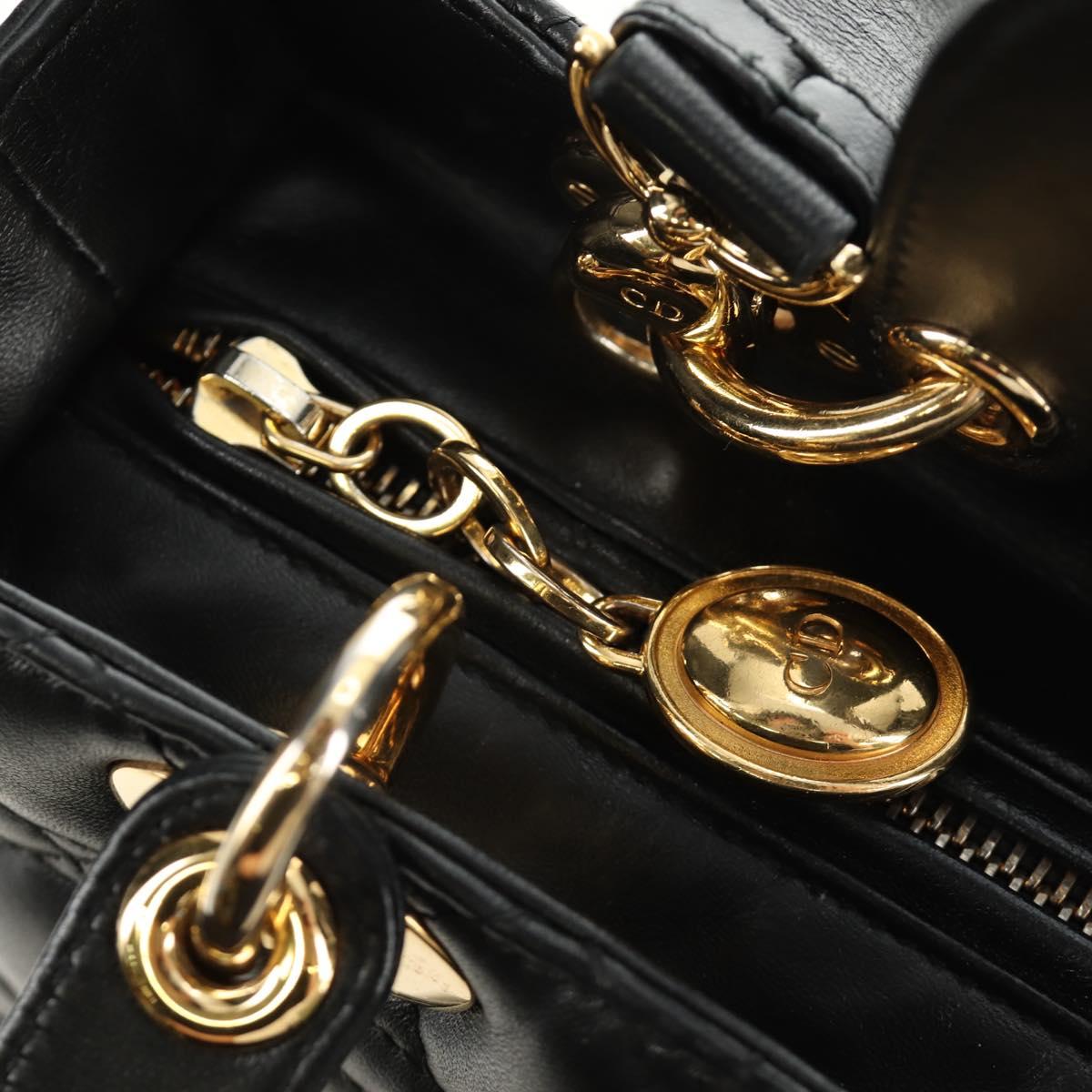 Christian Dior Lady Dior Hand Bag Lamb Skin 2way Black Gold Auth BA13408V
