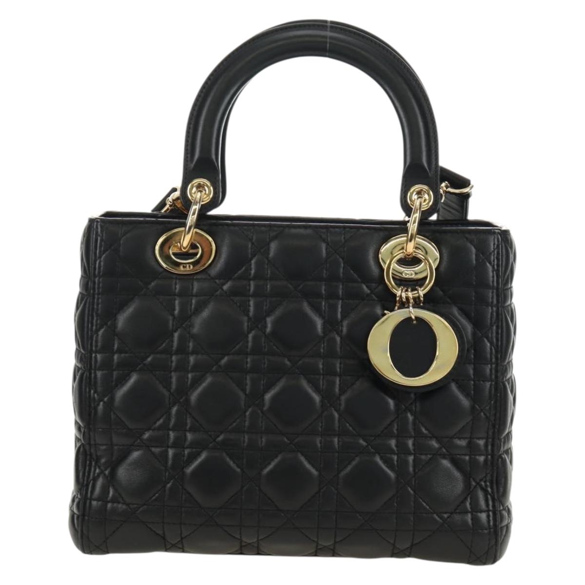 Christian Dior Lady Dior Hand Bag Lamb Skin 2way Black Gold Auth BA13408V