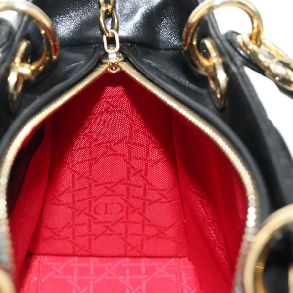 Christian Dior Lady Dior Hand Bag Lamb Skin 2way Black Gold Auth BA13408V