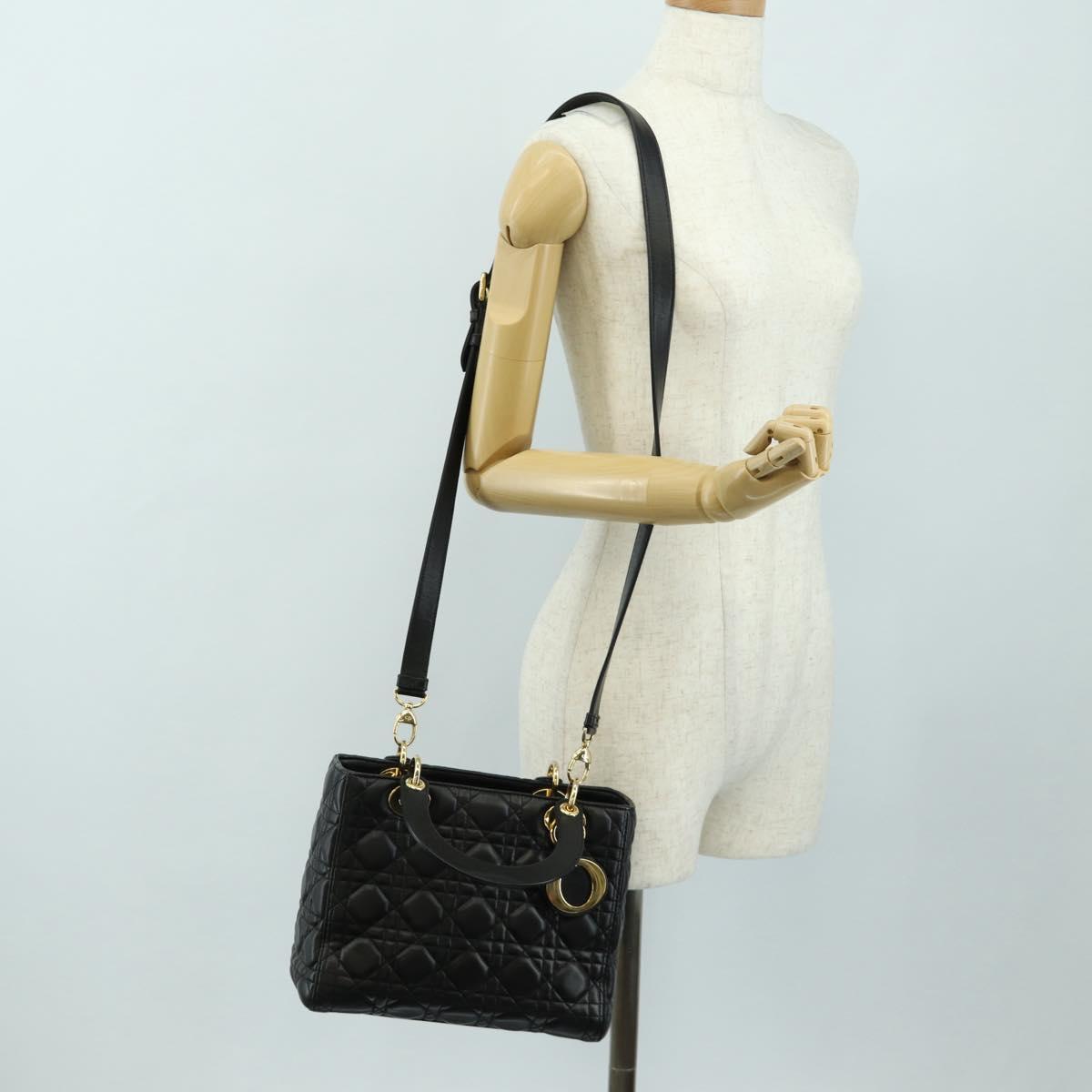 Christian Dior Lady Dior Hand Bag Lamb Skin 2way Black Gold Auth BA13408V