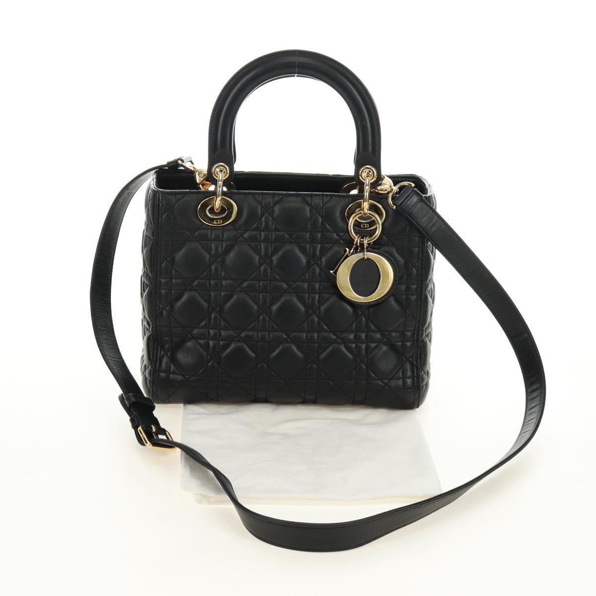 Christian Dior Lady Dior Hand Bag Lamb Skin 2way Black Gold Auth BA13408V