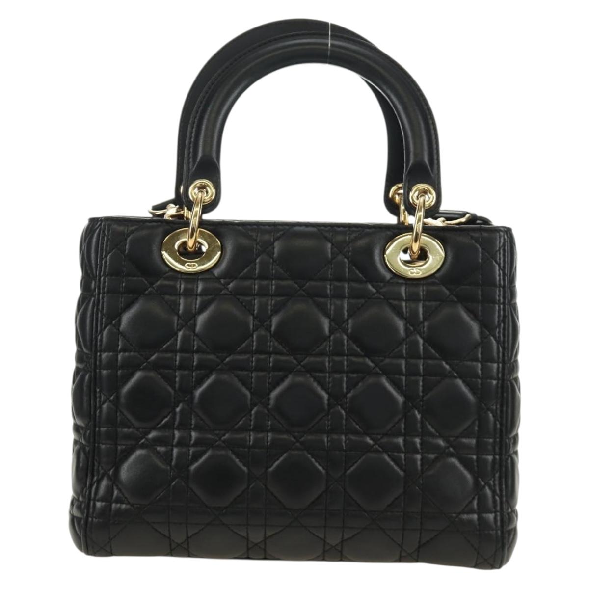 Christian Dior Lady Dior Hand Bag Lamb Skin 2way Black Gold Auth BA13408V