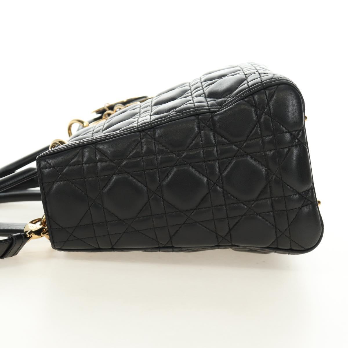 Christian Dior Lady Dior Hand Bag Lamb Skin 2way Black Gold Auth BA13408V