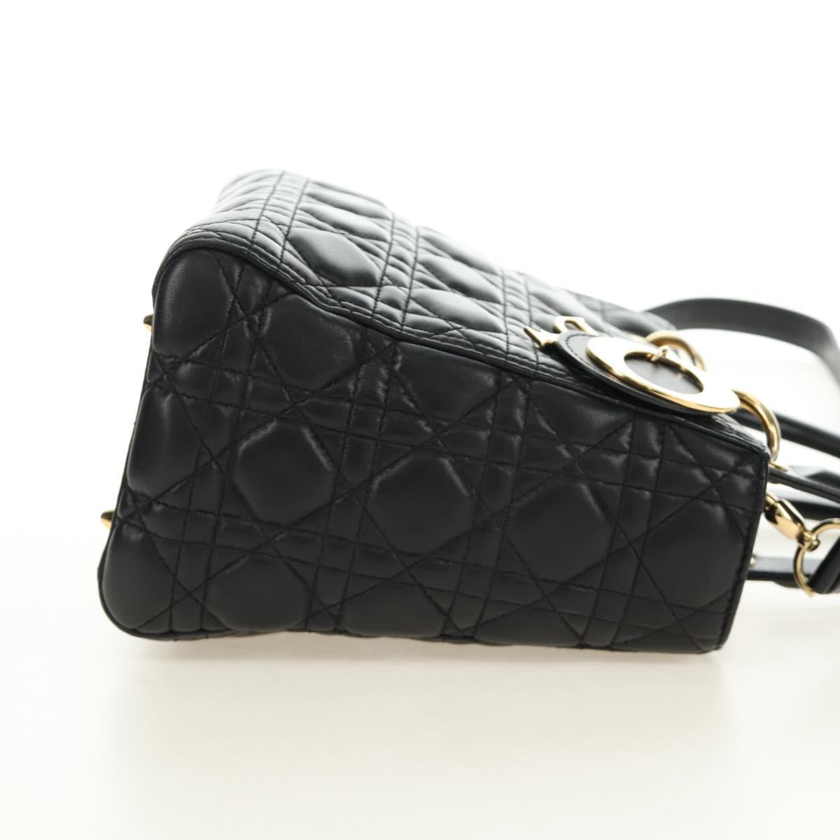 Christian Dior Lady Dior Hand Bag Lamb Skin 2way Black Gold Auth BA13408V