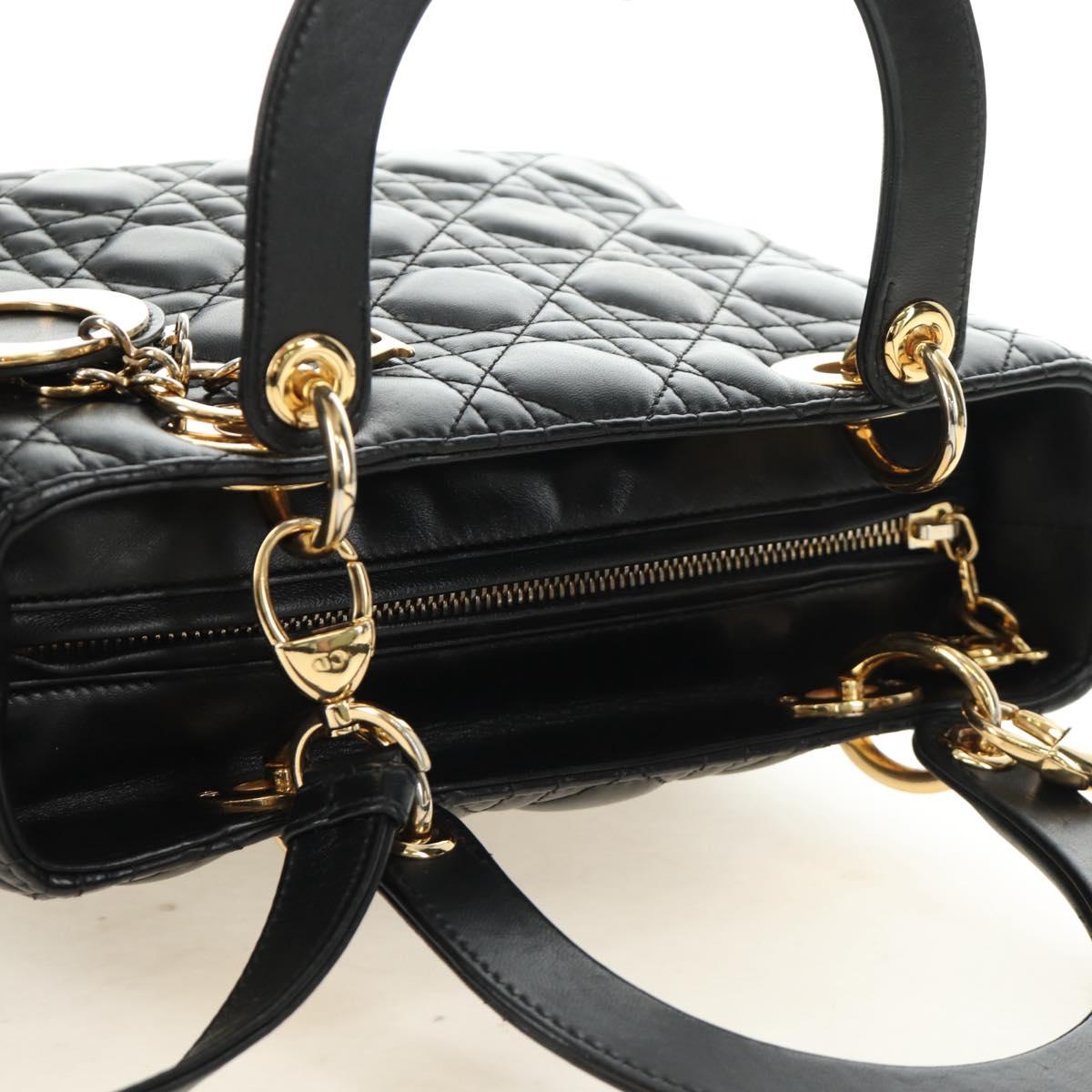 Christian Dior Lady Dior Hand Bag Lamb Skin 2way Black Gold Auth BA13408V