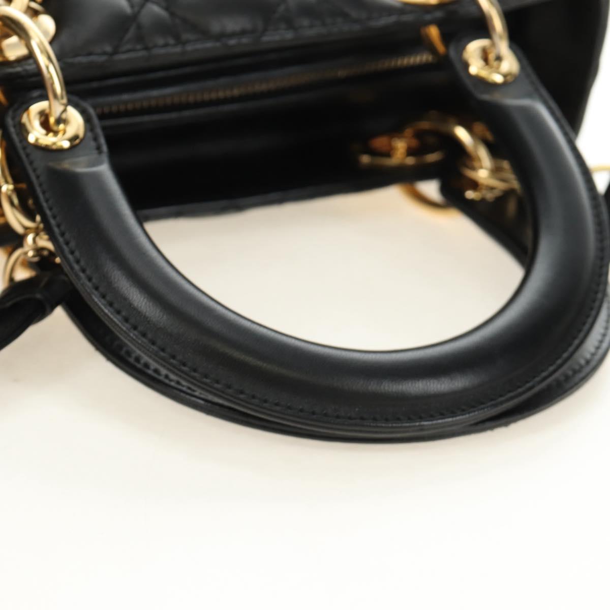 Christian Dior Lady Dior Hand Bag Lamb Skin 2way Black Gold Auth BA13408V