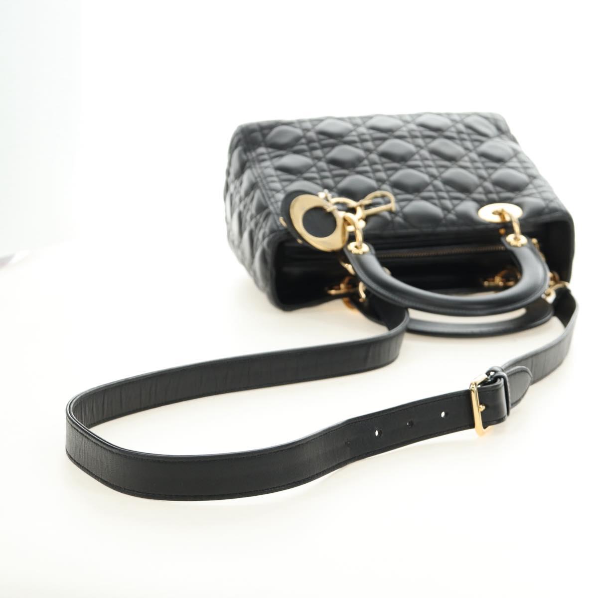Christian Dior Lady Dior Hand Bag Lamb Skin 2way Black Gold Auth BA13408V