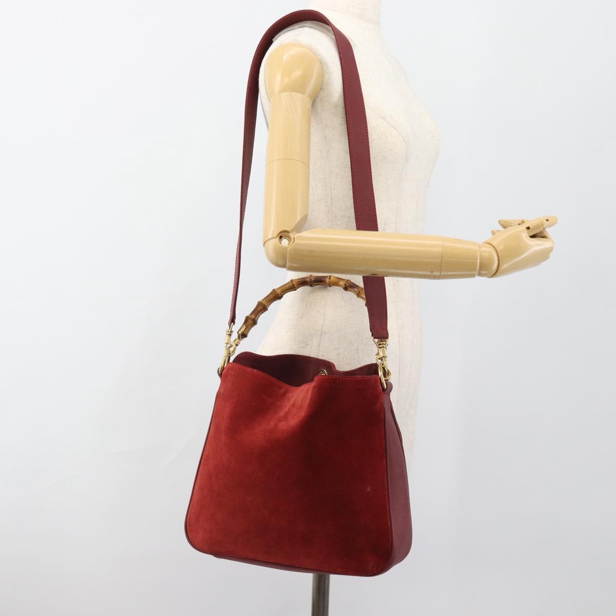GUCCI Bamboo Hand Bag Suede 2way Red Gold Auth BA13410