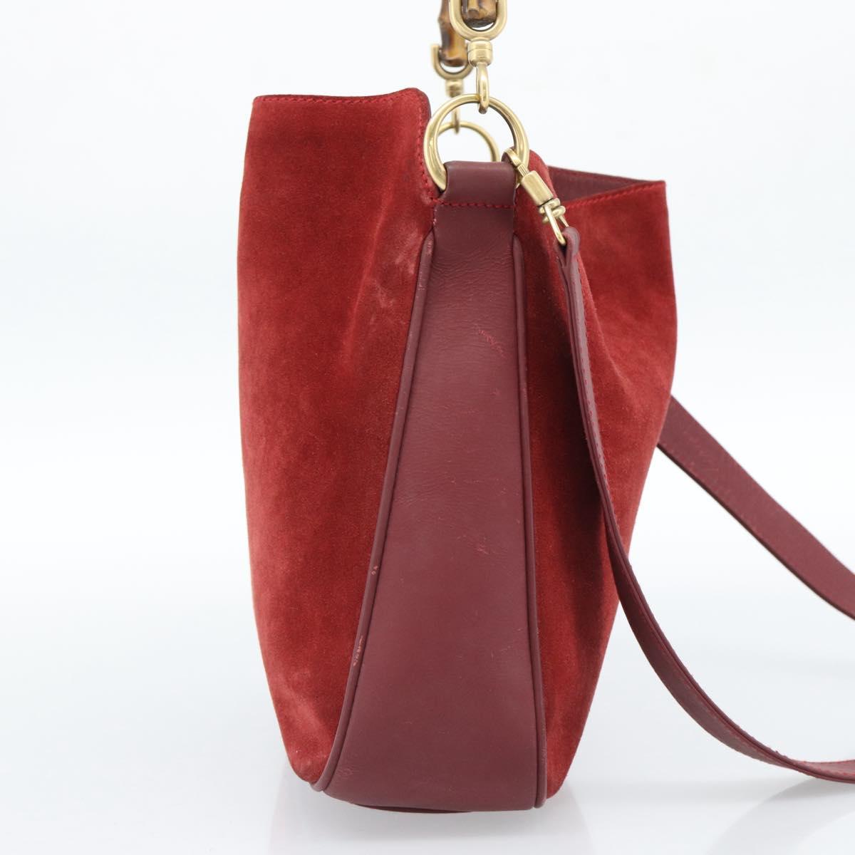 GUCCI Bamboo Hand Bag Suede 2way Red Gold Auth BA13410