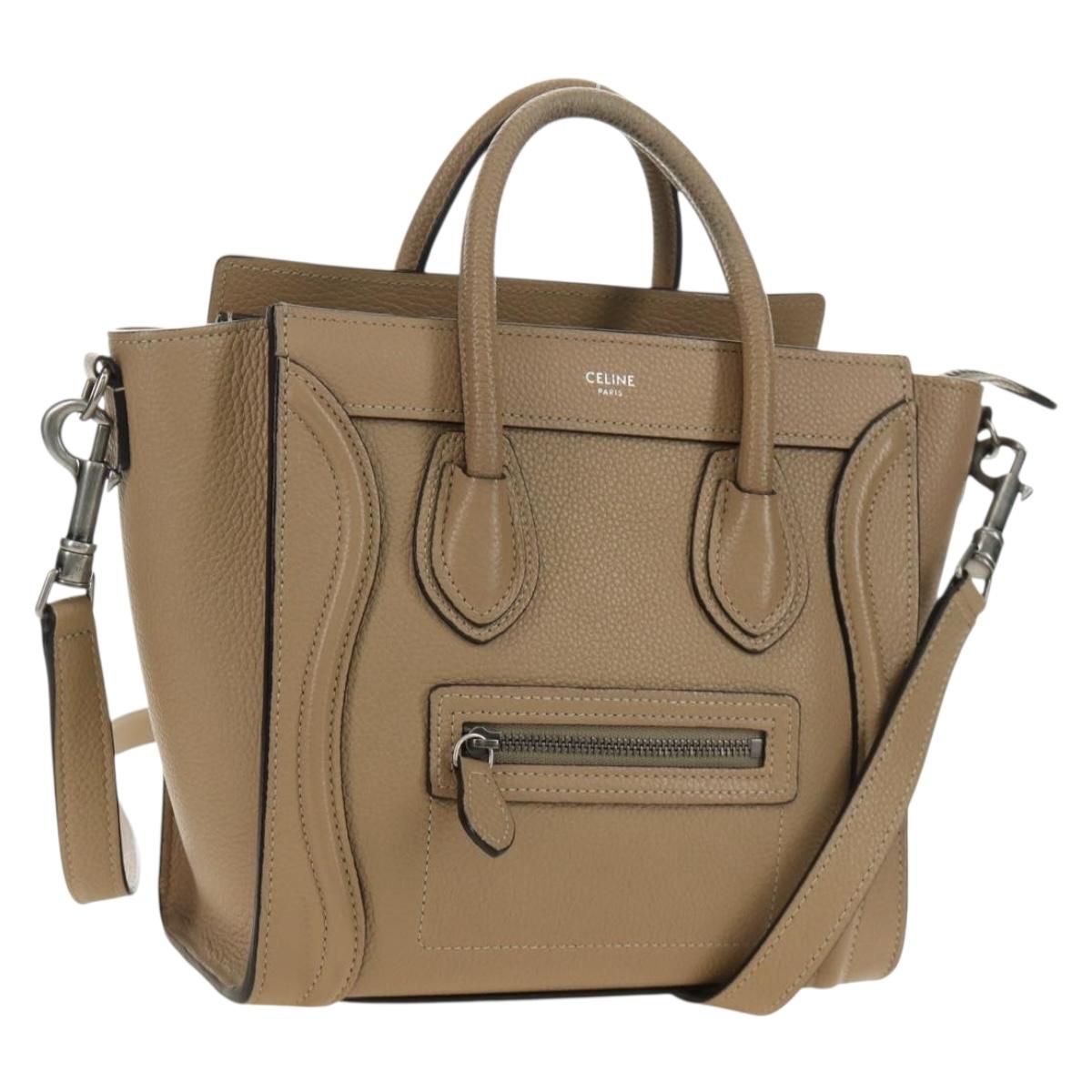 CELINE Luggage Nano Shopper Hand Bag Leather 2way Beige Silver Auth BA13413V
