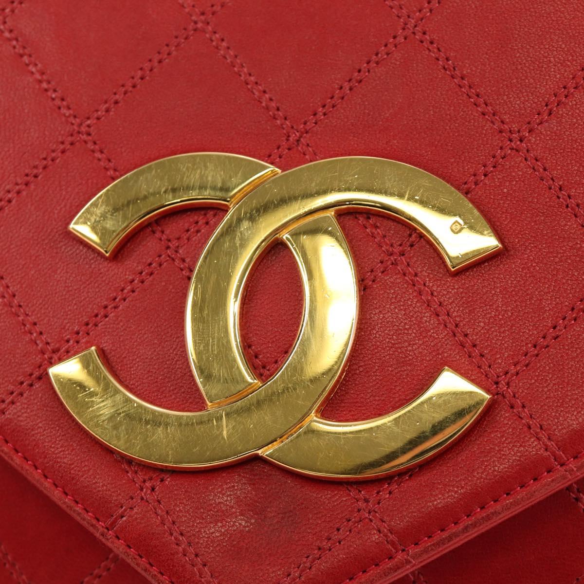 CHANEL Bicolore Chain Shoulder Bag Lamb Skin Red Gold CC Auth BA13416V