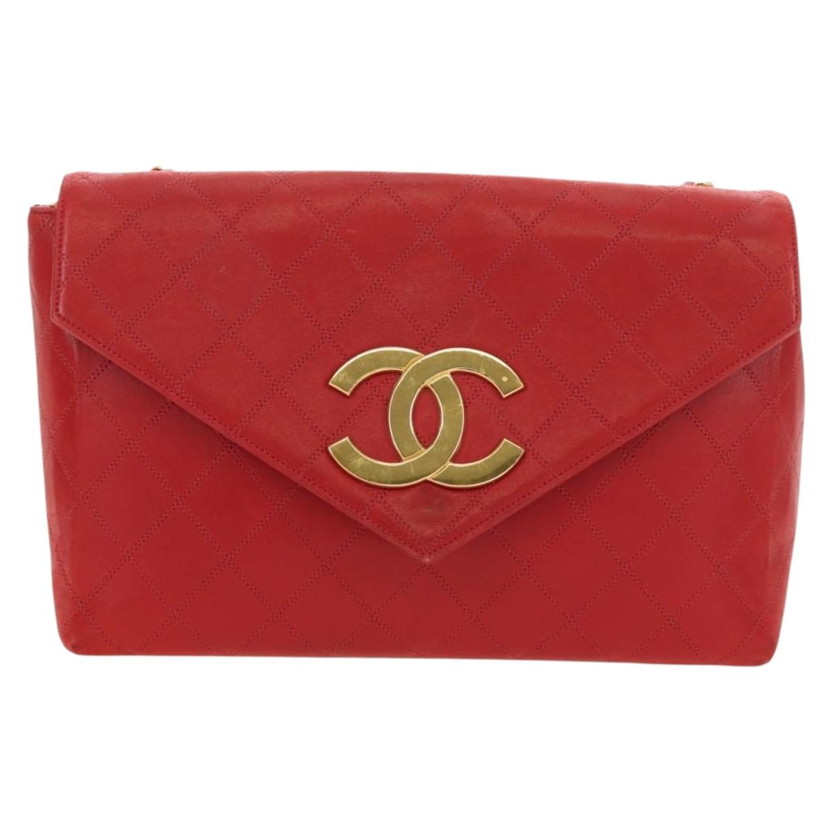 CHANEL Bicolore Chain Shoulder Bag Lamb Skin Red Gold CC Auth BA13416V