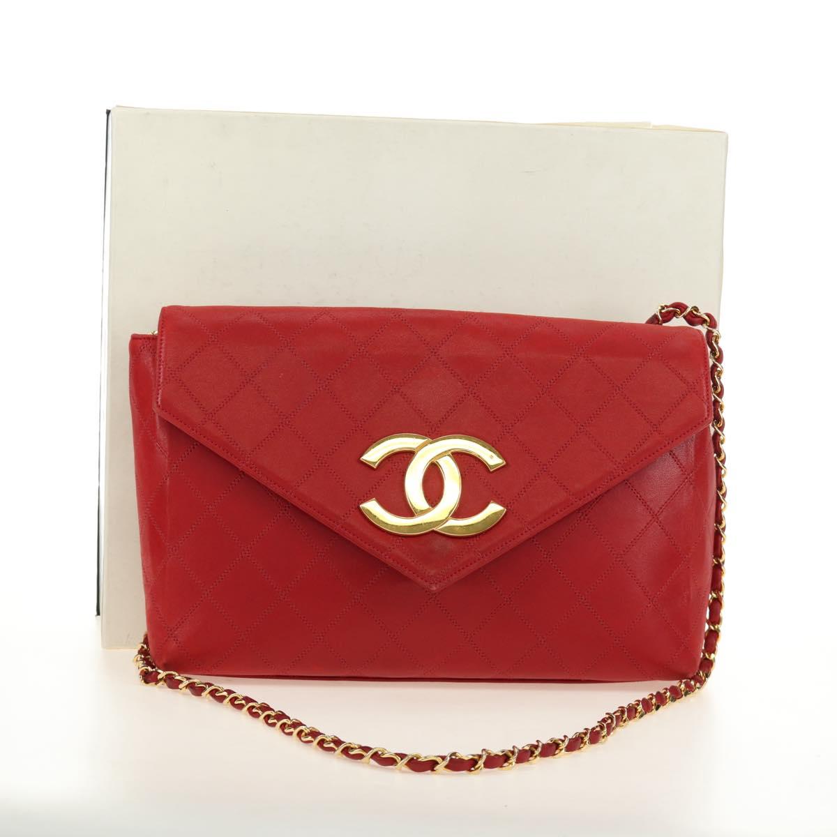 CHANEL Bicolore Chain Shoulder Bag Lamb Skin Red Gold CC Auth BA13416V