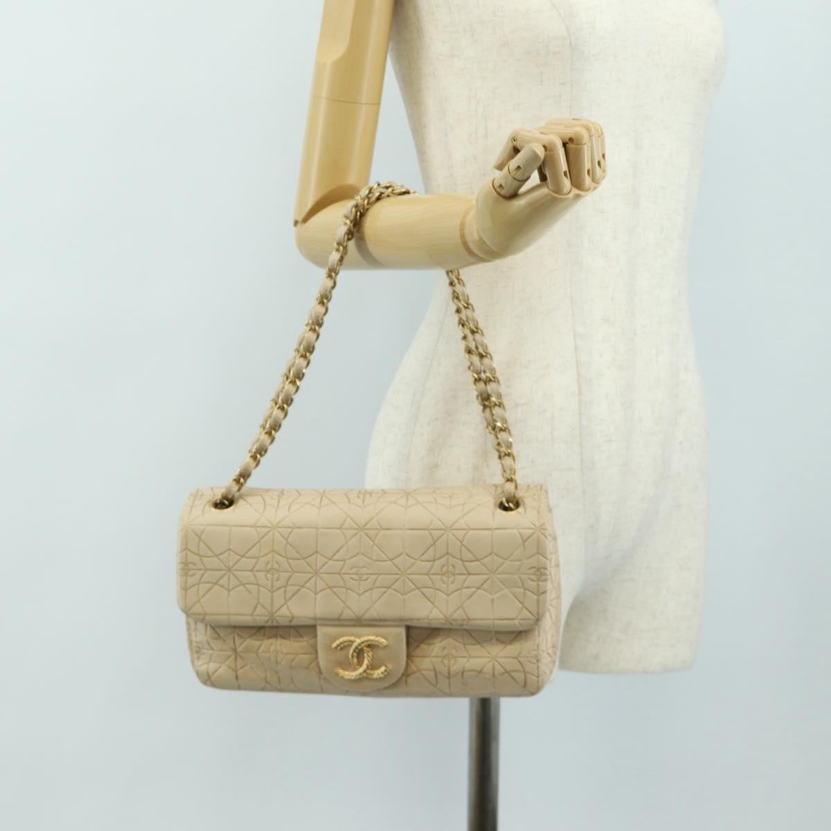 CHANEL Paris Moscou Musique Chain Bag Lamb Skin Beige Gold CC Auth BA13420SM