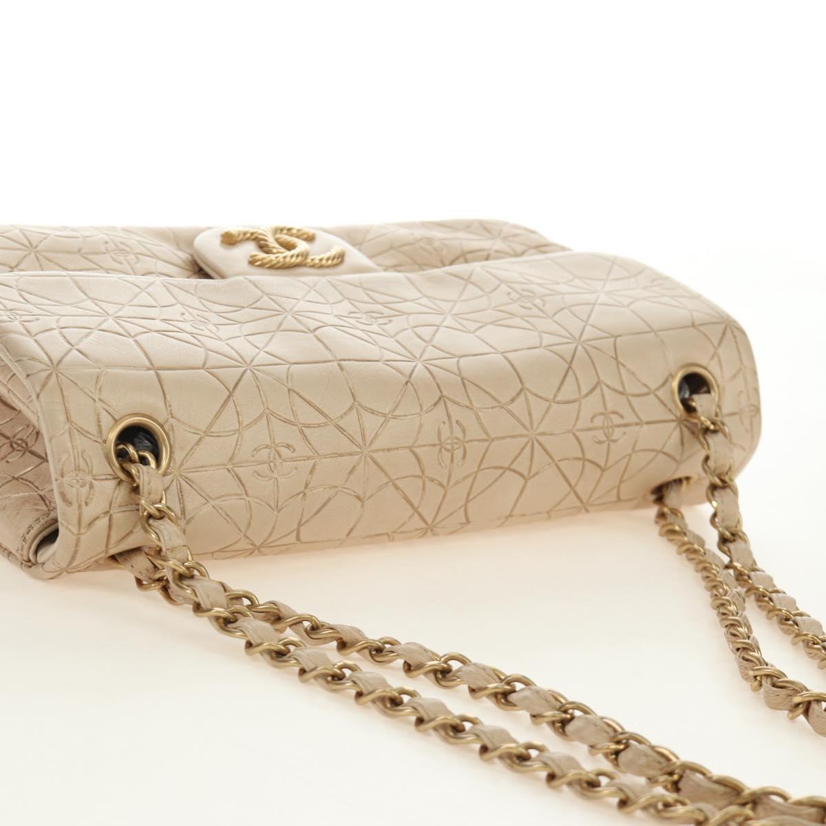 CHANEL Paris Moscou Musique Chain Bag Lamb Skin Beige Gold CC Auth BA13420SM