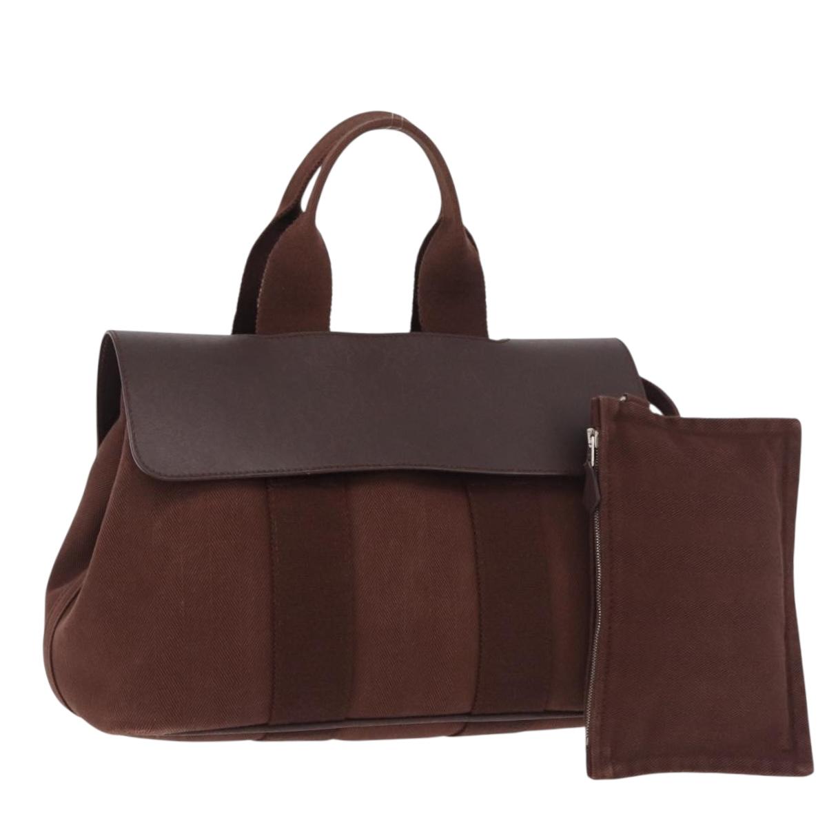 HERMES Valparaiso PM Hand Bag Canvas Leather Brown Silver Auth BA13422