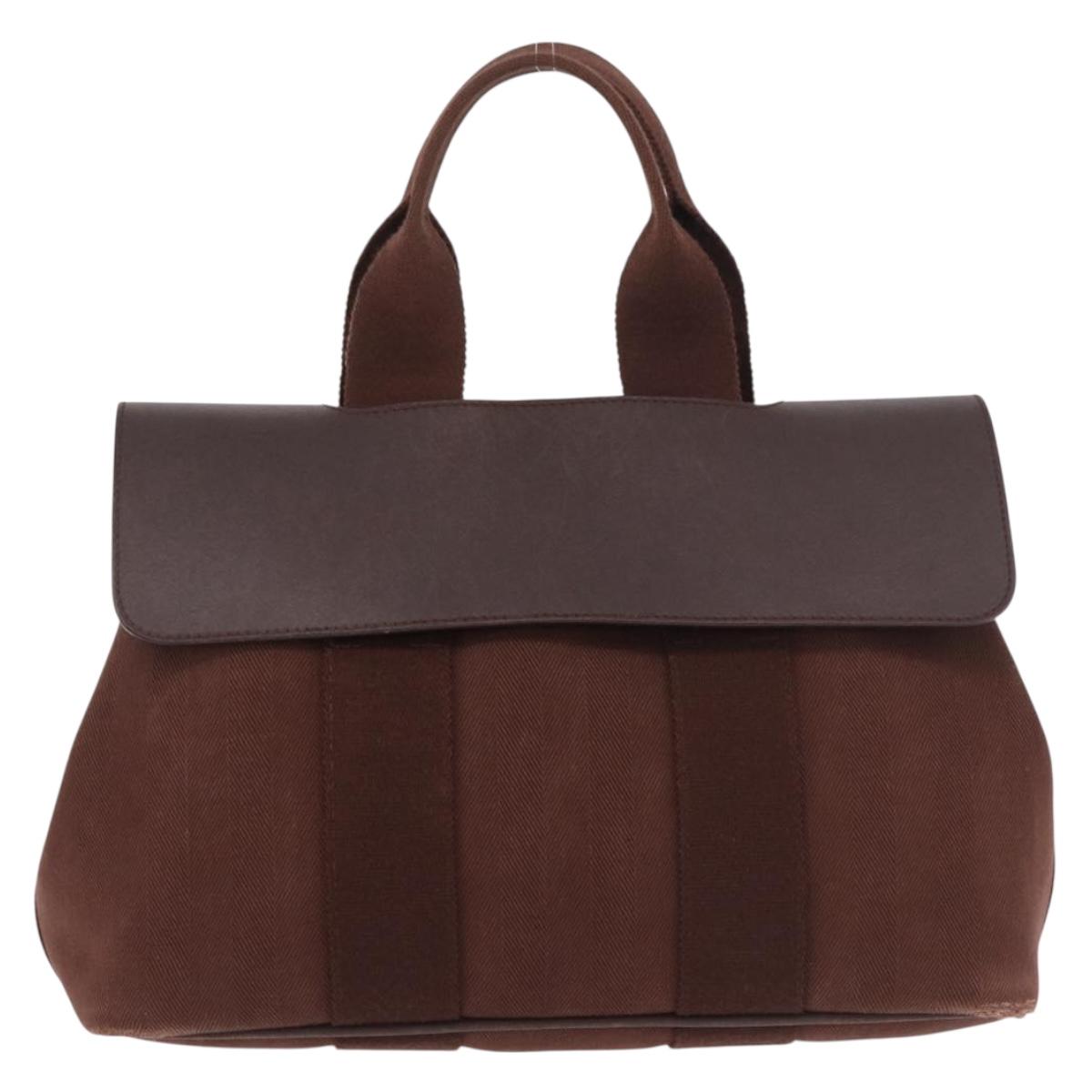 HERMES Valparaiso PM Hand Bag Canvas Leather Brown Silver Auth BA13422