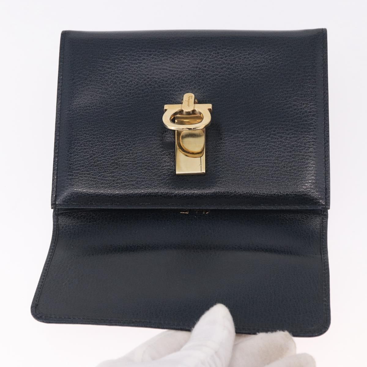 Salvatore Ferragamo Gancini Pouch Leather Navy Gold Auth BA13433A