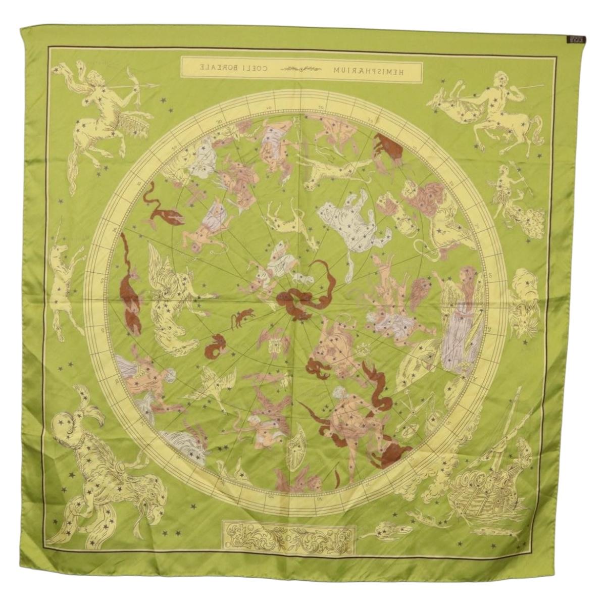 HERMES Carre 90 Scarf ""HEMISPHARIUM COELI BOREALE"" Silk Green Auth BA13445