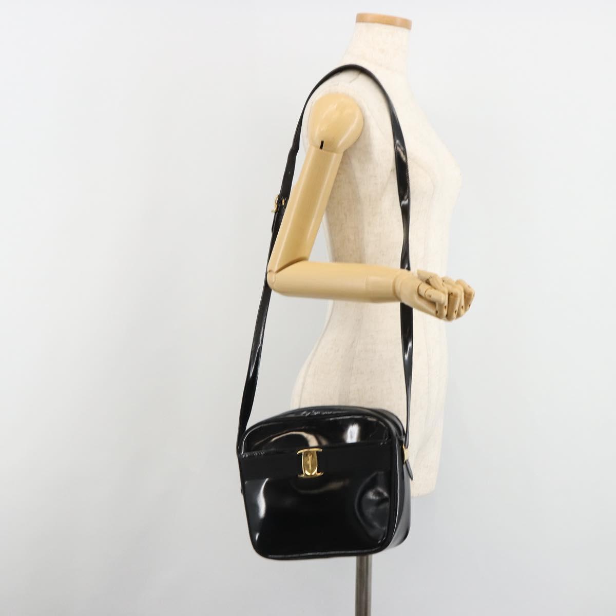 Salvatore Ferragamo Shoulder Bag Patent Leather Black Gold Auth BA13465