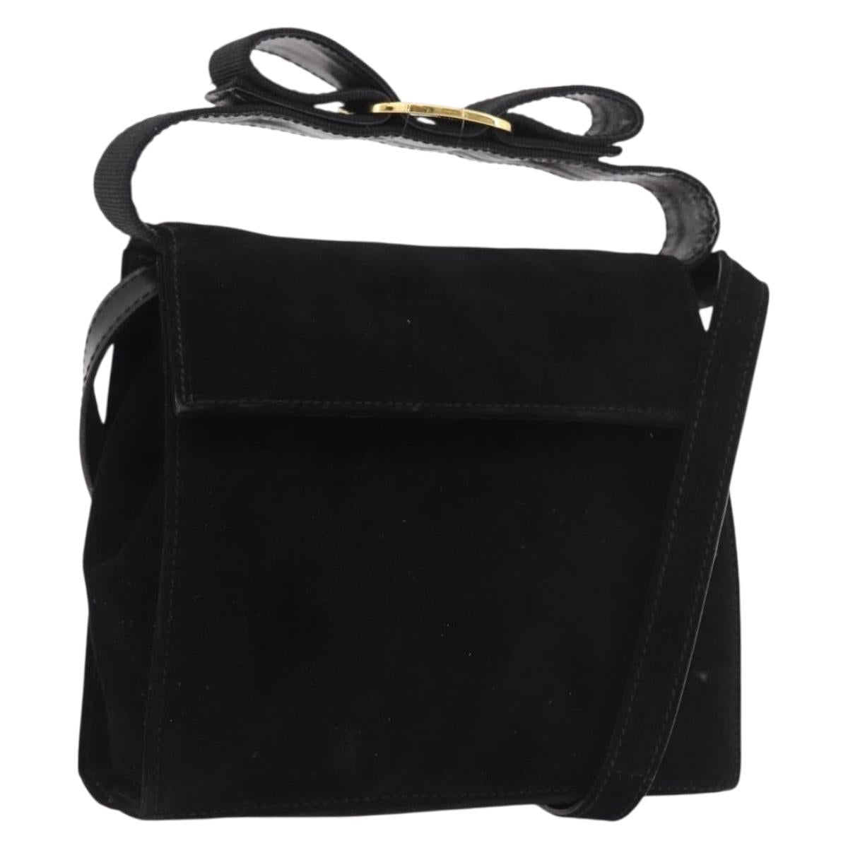 Salvatore Ferragamo Vara Ribbon Hand Bag Suede 2way Black Gold Auth BA13469