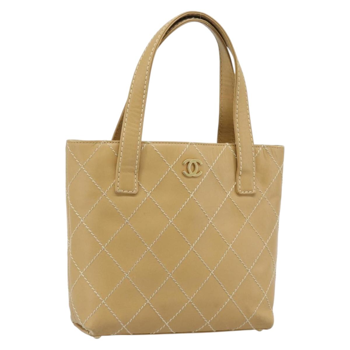 CHANEL Wild Stitch Hand Bag Leather Beige Gold CC Auth BA13478A