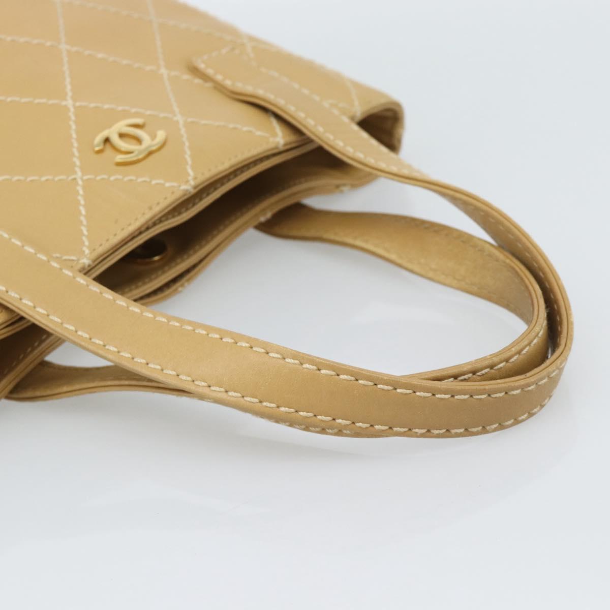 CHANEL Wild Stitch Hand Bag Leather Beige Gold CC Auth BA13478A
