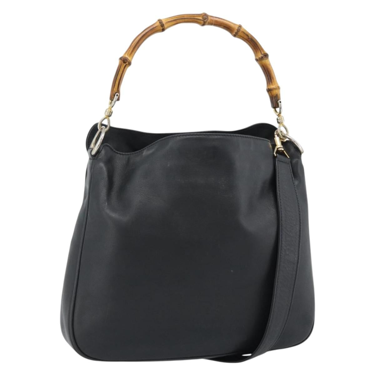 GUCCI Bamboo Hand Bag Leather 2way Black Gold 000 1448 1638 Auth BA13487