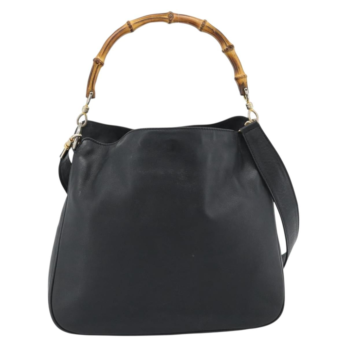 GUCCI Bamboo Hand Bag Leather 2way Black Gold 000 1448 1638 Auth BA13487