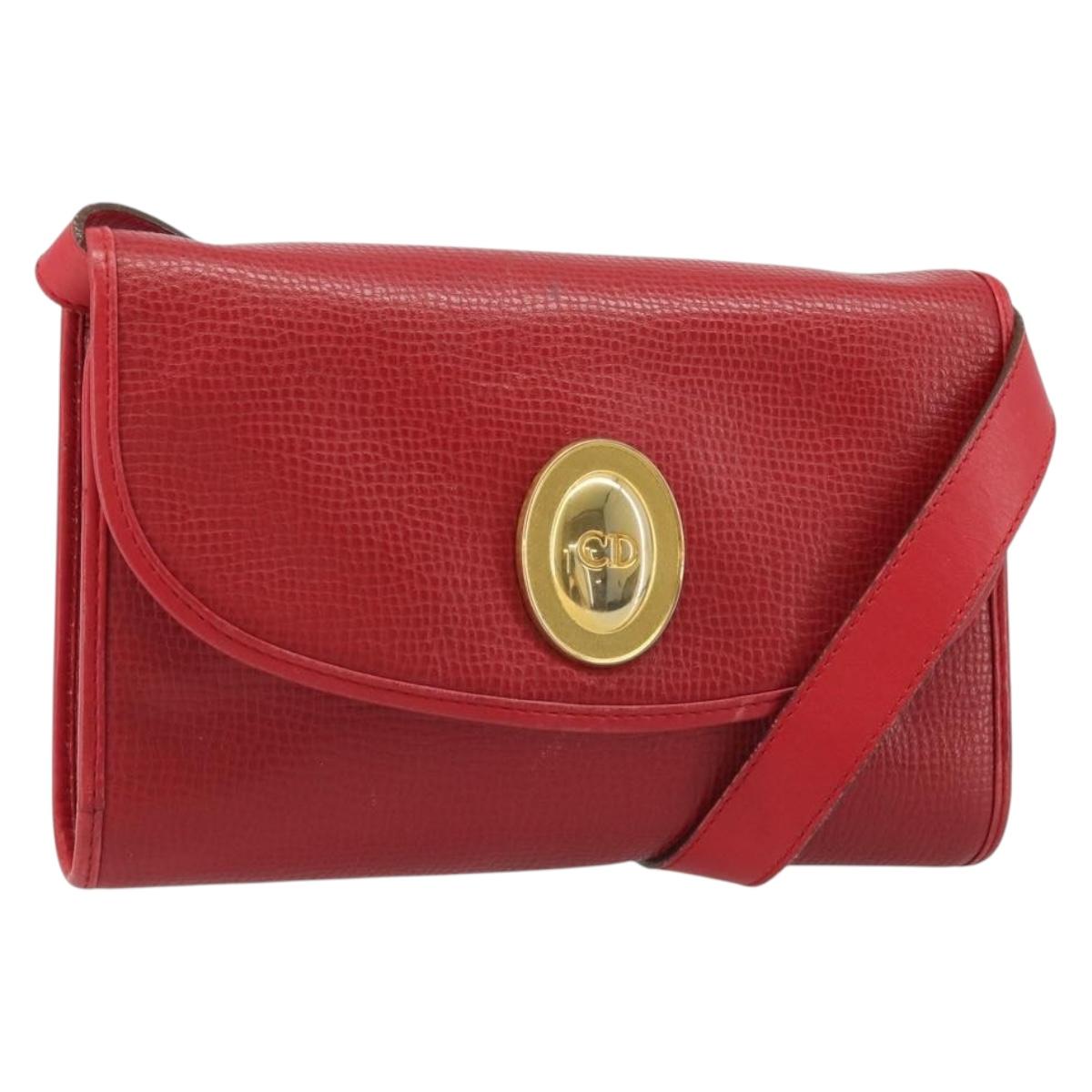 Christian Dior Shoulder Bag Leather Red Gold Auth BA13488