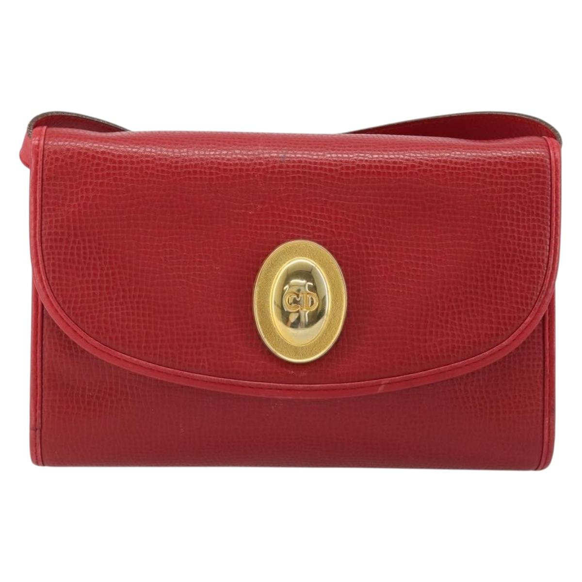 Christian Dior Shoulder Bag Leather Red Gold Auth BA13488