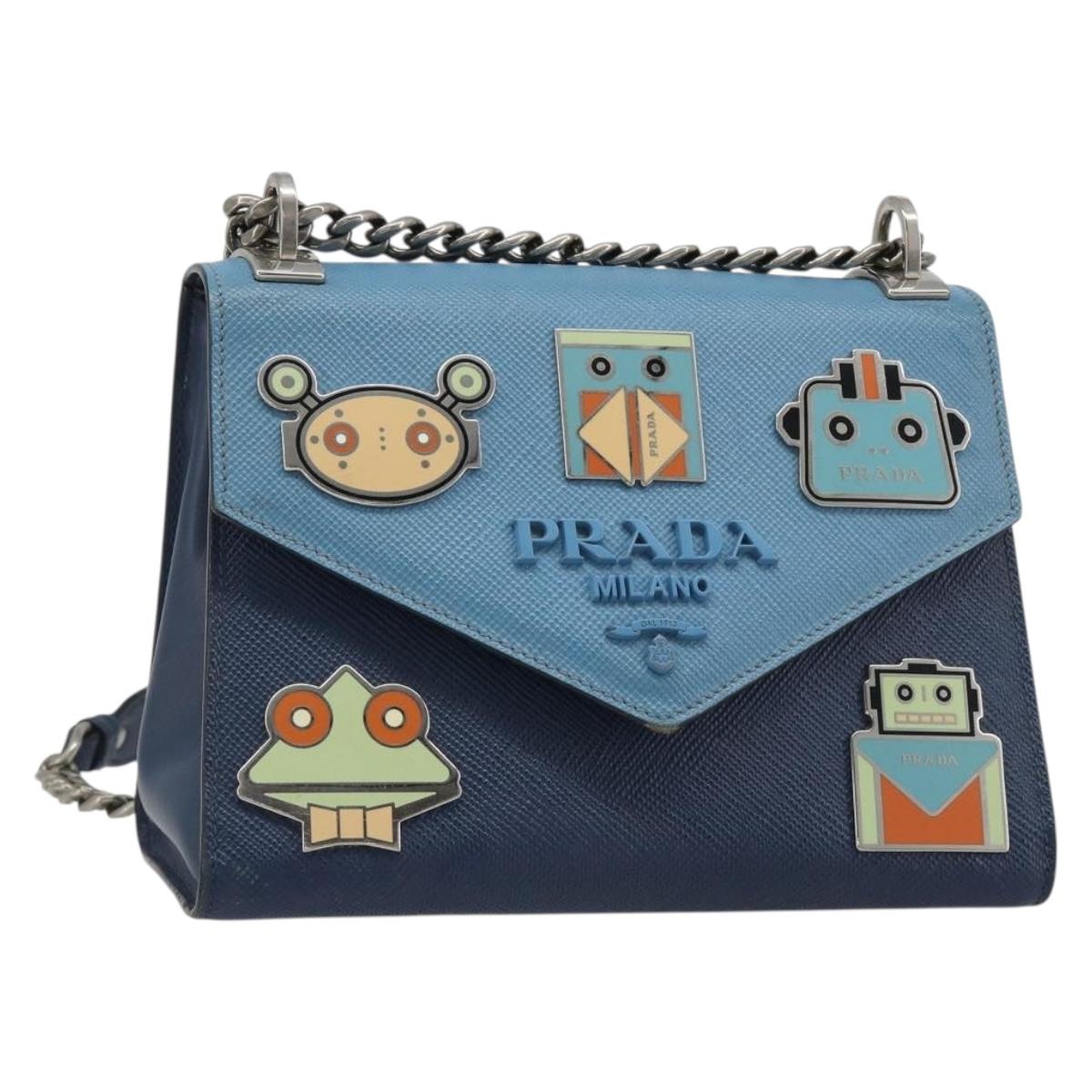 PRADA Chain Shoulder Bag Safiano leather Blue Silver Auth BA13489V