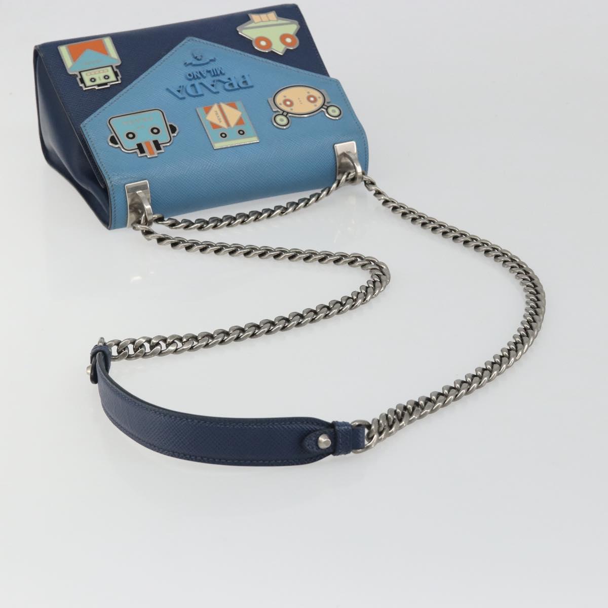 PRADA Chain Shoulder Bag Safiano leather Blue Silver Auth BA13489V
