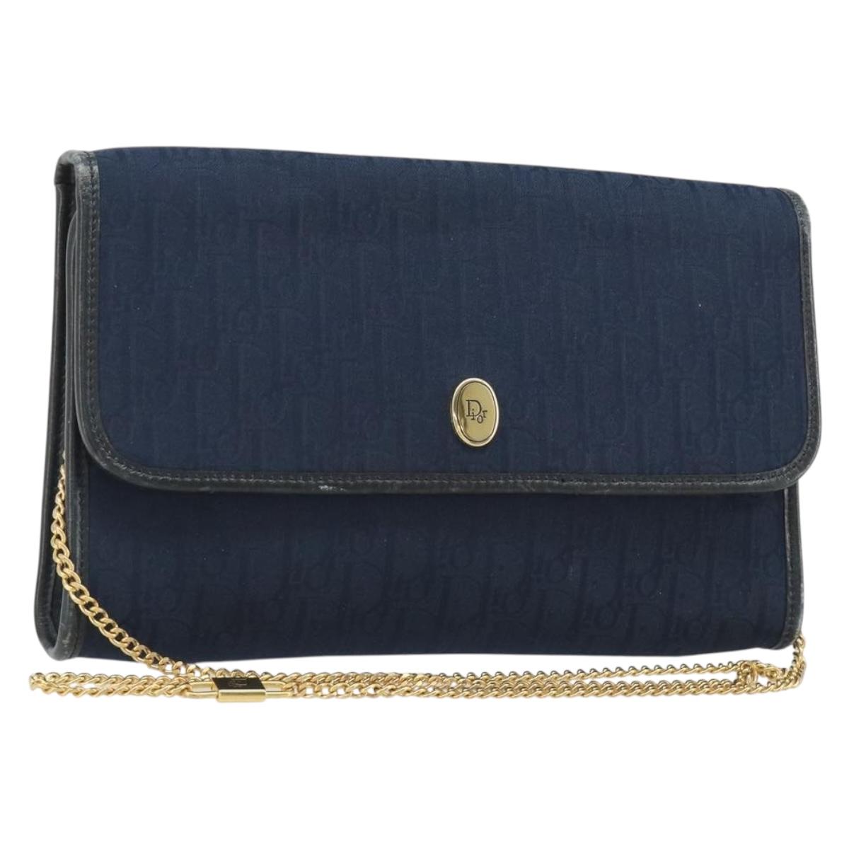 Christian Dior Trotter Canvas Chain Shoulder Bag Navy Gold Auth BA13497A