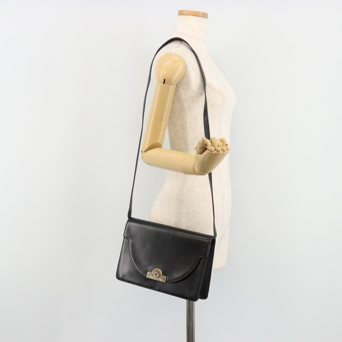 Christian Dior Shoulder Bag Leather Black Gold Auth BA13501