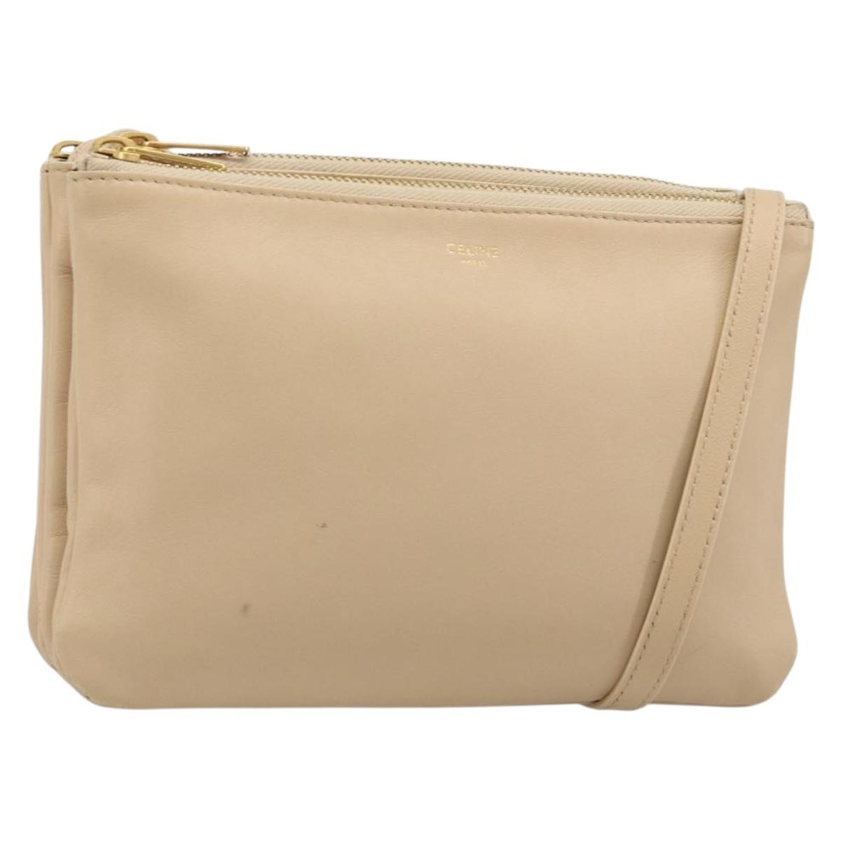 CELINE Trio Shoulder Bag Leather Beige Gold Auth BA13504V